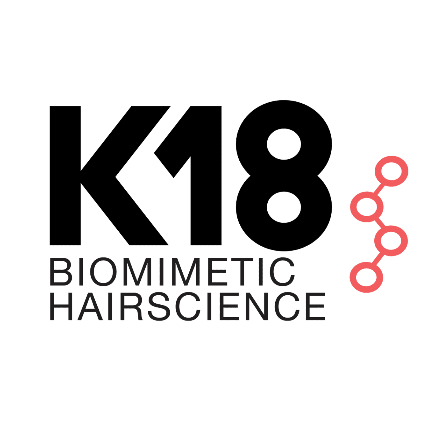 K18 Biomimetic Hairscience logo with red molecular design.