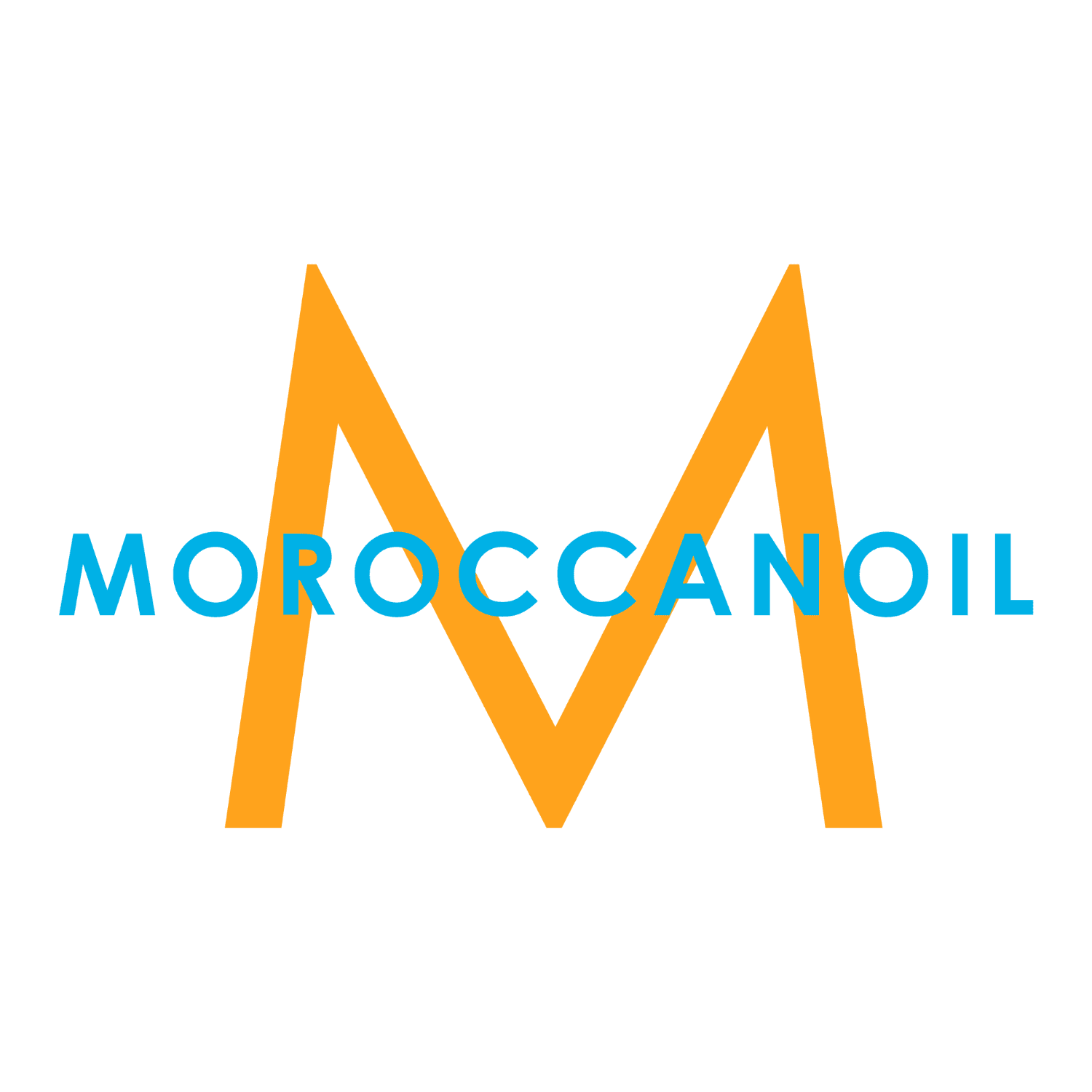 Moroccanoil logo with a large orange "M" and blue text.